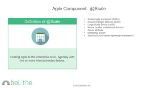 © 2015 beLithe, Inc.
• Scaled agile framework (SAFe)
• Disciplined Agile Delivery (DAD)
• Large-Scale Scrum (LeSS)
• Nexus (scaled professional Scrum)
• Scrum at Scale
• Enterprise Scrum
• Setchu (Scrum-based lightweight framework)
Agile Component: @Scale
Definition of @Scale
Scaling agile to the enterprise level, typically with
five or more interconnected teams.
 
