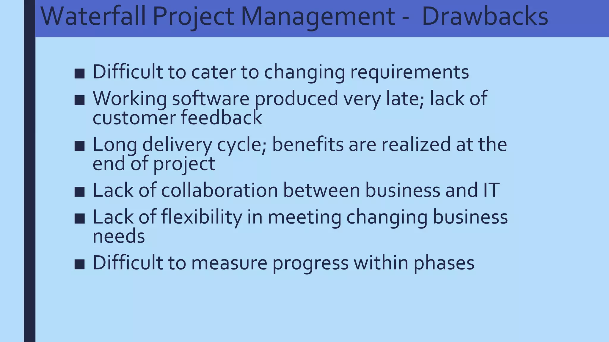 Waterfall Project Management - Drawbacks
■ Difficult to cater to changing requirements
■ Working software produced very late; lack of
customer feedback
■ Long delivery cycle; benefits are realized at the
end of project
■ Lack of collaboration between business and IT
■ Lack of flexibility in meeting changing business
needs
■ Difficult to measure progress within phases
 