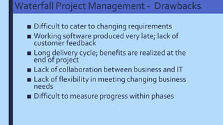 Waterfall Project Management - Drawbacks
■ Difficult to cater to changing requirements
■ Working software produced very late; lack of
customer feedback
■ Long delivery cycle; benefits are realized at the
end of project
■ Lack of collaboration between business and IT
■ Lack of flexibility in meeting changing business
needs
■ Difficult to measure progress within phases
 