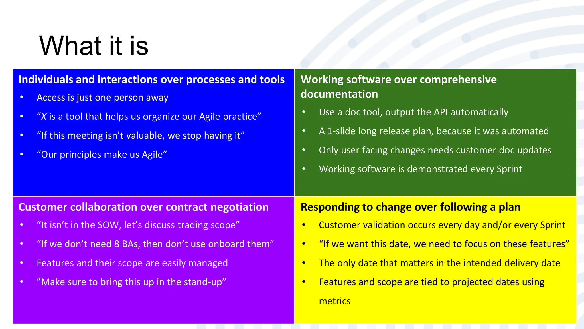 What it is
Individuals and interactions over processes and tools
• Access is just one person away
• “X is a tool that helps us organize our Agile practice”
• “If this meeting isn’t valuable, we stop having it”
• “Our principles make us Agile”
Working software over comprehensive
documentation
• Use a doc tool, output the API automatically
• A 1-slide long release plan, because it was automated
• Only user facing changes needs customer doc updates
• Working software is demonstrated every Sprint
Customer collaboration over contract negotiation
• “It isn’t in the SOW, let’s discuss trading scope”
• “If we don’t need 8 BAs, then don’t use onboard them”
• Features and their scope are easily managed
• ”Make sure to bring this up in the stand-up”
Responding to change over following a plan
• Customer validation occurs every day and/or every Sprint
• “If we want this date, we need to focus on these features”
• The only date that matters in the intended delivery date
• Features and scope are tied to projected dates using
metrics
 