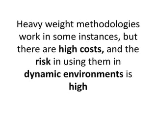 Heavy weight methodologies work in some instances, but there are high costs, and the risk in using them in dynamic environments is high  