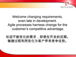 Welcome changing requirements ,  even late in development.  Agile processes harness change for the  customer’s competitive advantage. 欢迎不断变化的需求 ，即使在开发的后期。 敏捷过程利用变化为客户带来竞争优势。 