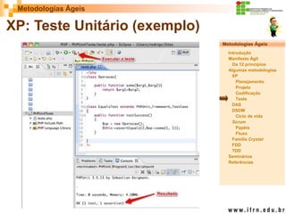 Metodologias Ágeis 
Metodologias Ágeis 
Introdução 
Manifesto Ágil 
Os 12 princípios 
Algumas metodologias XP 
Planejamento 
Projeto 
Codificação 
Teste 
DAS 
DSDM 
Ciclo de vida 
Scrum 
Papéis 
Fluxo 
Família Crystal 
FDD 
TDD 
Seminários 
Referências 
Prof. Fábio Procópio 
Sistemas de Informação 
XP: Teste Unitário (exemplo)  