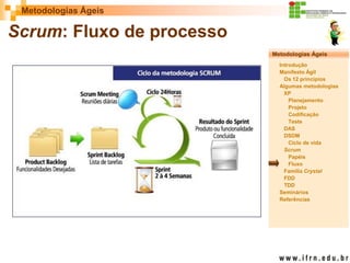 Metodologias Ágeis 
Metodologias Ágeis 
Introdução 
Manifesto Ágil 
Os 12 princípios 
Algumas metodologias XP 
Planejamento 
Projeto 
Codificação 
Teste 
DAS 
DSDM 
Ciclo de vida 
Scrum 
Papéis 
Fluxo 
Família Crystal 
FDD 
TDD 
Seminários 
Referências 
Prof. Fábio Procópio 
Sistemas de Informação 
Scrum: Fluxo de processo  