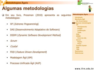 Metodologias Ágeis 
Metodologias Ágeis 
Introdução 
Manifesto Ágil 
Os 12 princípios 
Algumas metodologias XP 
Planejamento 
Projeto 
Codificação 
Teste 
DAS 
DSDM 
Ciclo de vida 
Scrum 
Papéis 
Fluxo 
Família Crystal 
FDD 
TDD 
Seminários 
Referências 
Prof. Fábio Procópio 
Sistemas de Informação 
Algumas metodologias 
Em seu livro, Pressman (2010) apresenta as seguintes metodologias: 
XP (Extreme Programming) 
DAS (Desenvolvimento Adaptativo de Software) 
DSDM (Dynamic Software Development Method) 
Scrum 
Crystal 
FDD (Feature Driven Development) 
Modelagem Ágil (AM) 
Processo Unificado Ágil (AUP)  