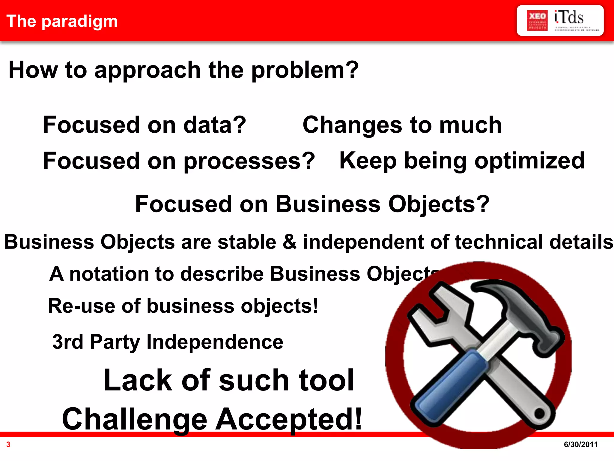 AgendaThe paradigmHow to approach the problem?Focused on data?Changes to muchKeep being optimizedFocused on processes?Focused on Business Objects?Business Objects are stable & independent of technical detailsA notation to describe Business ObjectsRe-use of business objects!3rd Party IndependenceLack of such toolChallenge Accepted!6/20/20113