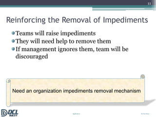 Astonishing ResultsFear of learning new skillsCurrent method is not workingprocess/PMO/roadblocksEarly successesDepartmental FrictionInitial excitementAnnual budgeting processAgile Champion/coachFear of losing position or powerTeam self-organization8/10/2011Agile2011 