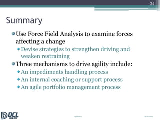 Exercise: Stretch breakStand up and stretch your bodyTurn to the person standing next to you and give him/her a short, two-minute, verbal summary of what you've just learned about Force Field AnalysisNext, listen to your partner’s summarization of his/her learningSit when finished98/10/2011Agile2011 9