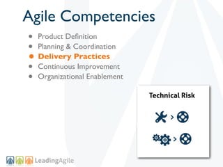 Agile Competencies
• Product Deﬁnition
• Planning & Coordination
• Delivery Practices
• Continuous Improvement
• Organizational Enablement
 