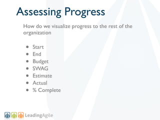 Assessing Progress
 How do we visualize progress to the rest of the
 organization

  •   Start
  •   End
  •   Budget
  •   SWAG
  •   Estimate
  •   Actual
  •   % Complete
 