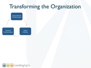 Transforming the Organization
            Organiza(onal+
            Transforma(on+




   Personal+                  Adopt++
Transforma(on+               Prac(ces+
 