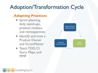 Adoption/Transformation Cycle
 Adopting Practices
  •Sprint planning,
   daily stand-ups,
                                      Organiza(onal+
   product reviews,                   Transforma(on+

   and retrospectives
  •Identify and train a
   Product Owner
                             Personal+                  Adopt++
   and ScrumMaster        Transforma(on+               Prac(ces+


  •Teach TDD, CI,
   Story Maps, and
   MMF
 