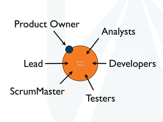 Product Owner
                         Analysts


  Lead        Scrum
              Team         Developers

ScrumMaster
                      Testers
 