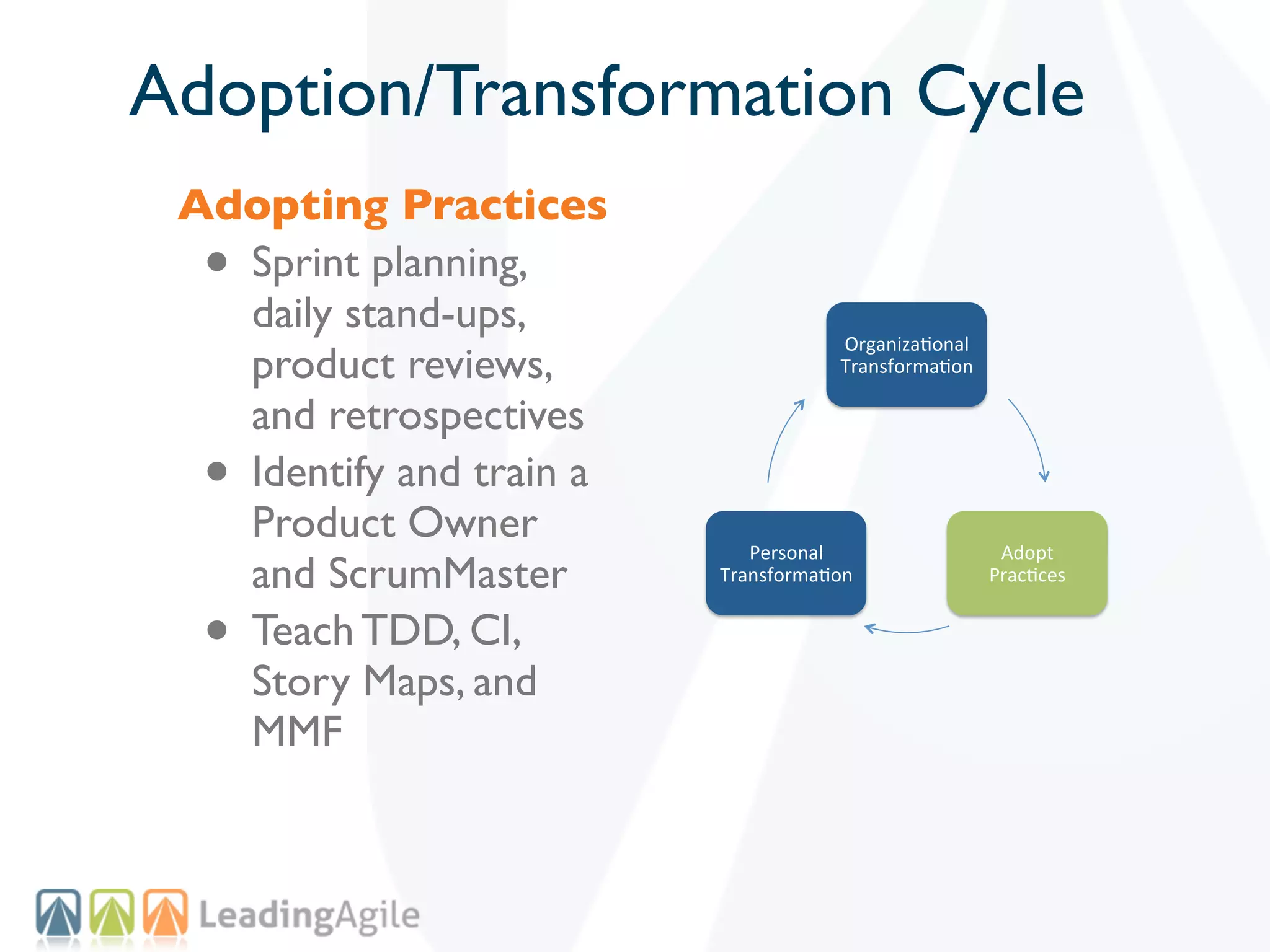 Adoption/Transformation Cycle
 Adopting Practices
  •Sprint planning,
   daily stand-ups,
                                      Organiza(onal+
   product reviews,                   Transforma(on+

   and retrospectives
  •Identify and train a
   Product Owner
                             Personal+                  Adopt++
   and ScrumMaster        Transforma(on+               Prac(ces+


  •Teach TDD, CI,
   Story Maps, and
   MMF
 