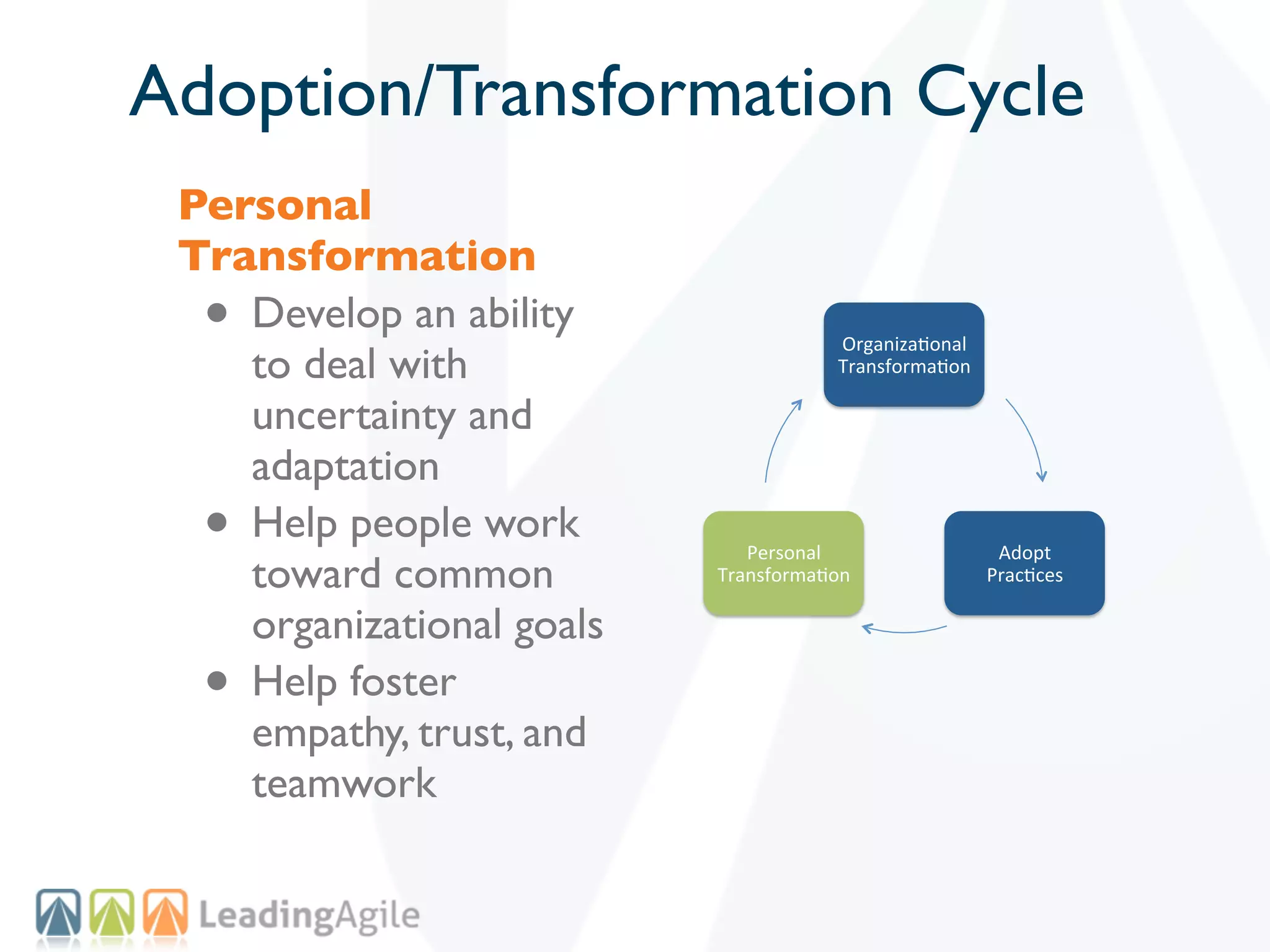 Adoption/Transformation Cycle
 Personal
 Transformation
  • Develop an ability
                                       Organiza(onal+
    to deal with                       Transforma(on+

    uncertainty and
    adaptation
  • Help people work
                              Personal+                  Adopt++
    toward common          Transforma(on+               Prac(ces+

    organizational goals
  • Help foster
    empathy, trust, and
    teamwork
 