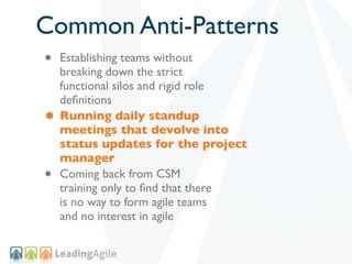 Common Anti-Patterns
•   Establishing teams without
    breaking down the strict
    functional silos and rigid role
    d...