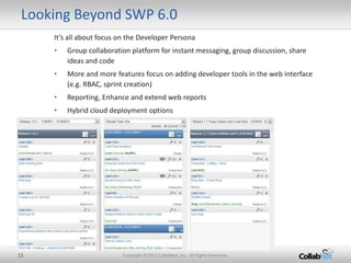 Looking Beyond SWP 6.0
     It’s all about focus on the Developer Persona
     •   Group collaboration platform for instant messaging, group discussion, share
         ideas and code
     •   More and more features focus on adding developer tools in the web interface
         (e.g. RBAC, sprint creation)
     •   Reporting, Enhance and extend web reports
     •   Hybrid cloud deployment options




15                        Copyright ©2012 CollabNet, Inc. All Rights Reserved.
 