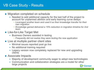 VB Case Study - Results

             Migration completed on schedule
                         Needed to add additional capacity for the last half of the project to
                         account for unplanned attrition and early learning curve delays
                              • Leveraged another team and used it as their knowledge transfer for their
                                own migration
                              • Knowledge gained delivered a 15% reduction in migration timeline for 2nd
                                team
             Like-for-Like Target Met
                         Business Owners assisted in testing
                              • Frequently did not realize they were testing the new application
             Live at multiple partner client sites
                         Minimal issues reported post go live
                         No additional training required
                         Legacy version now completely replaced for new and upgrading
                         clients
             Associate Impacts
                         Majority of development community eager to adopt new technologies
                         Communication and collaboration strategies are a model for other
                         large projects
© 2011 Cerner Corporation. All rights reserved. This document contains Cerner confidential and/or proprietary information which may not be reproduced or transmitted without the express written consent of Cerner.   21
 