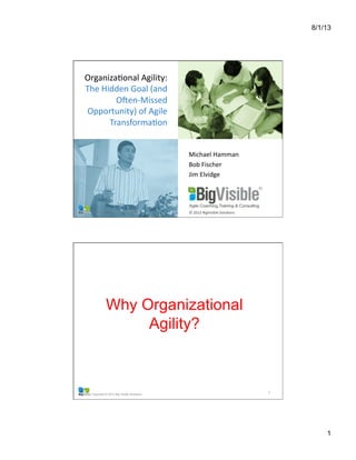 8/1/13
1
Copyright © 2012 Big Visible Solutions ©	
  2012	
  BigVisible	
  Solu1ons	
  
Michael	
  Hamman	
  
Bob	
  Fischer	
  
Jim	
  Elvidge	
  
Organiza1onal	
  Agility:	
  
The	
  Hidden	
  Goal	
  (and	
  
OHen-­‐Missed	
  
Opportunity)	
  of	
  Agile	
  
Transforma1on	
  
Copyright © 2012 Big Visible Solutions
2
Why Organizational
Agility?
 
