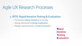 Agile UX Research Processes
   1. RITE: Rapid Iterative Testing & Evaluation
     – Continuous design iterations in one day
     – Design elements/ UI design exploration
     – Design improvements in small increments
 