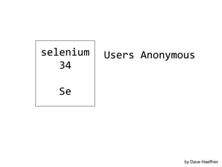 selenium   Users Anonymous
   34

   Se




                        by Dave Haeffner
 