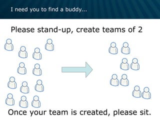 I need you to find a buddy...
Please stand-up, create teams of 2
Once your team is created, please sit.
 