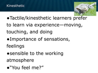 Kinesthetic
•Tactile/kinesthetic learners prefer
to learn via experience—moving,
touching, and doing
•Importance of sensations,
feelings
•sensible to the working
atmosphere
•“You feel me?”
 