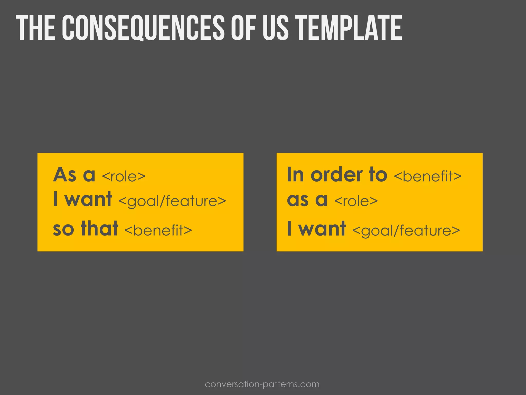 In order to <benefit>
as a <role>
I want <goal/feature>
As a <role>
I want <goal/feature>
so that <benefit>
conversation-patterns.com
 