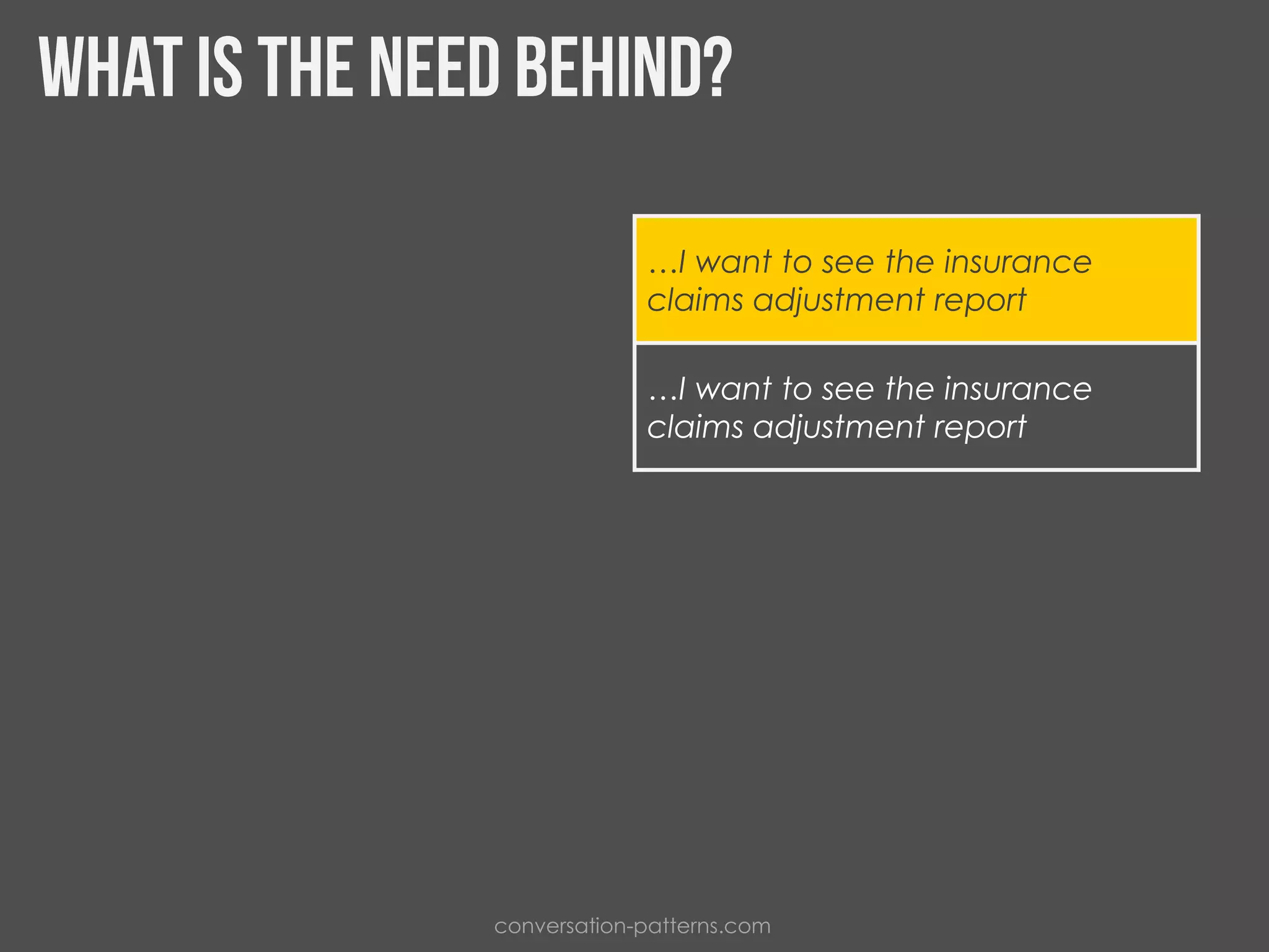 I am responsible for increasing the
number of claims adjusted to 600,
so…
…I want to see the insurance
claims adjustment report
If the number of 200 claims
adjusted will remain, they will close
down our deprtment, so...
…I want to see the insurance
claims adjustment report
conversation-patterns.com
 