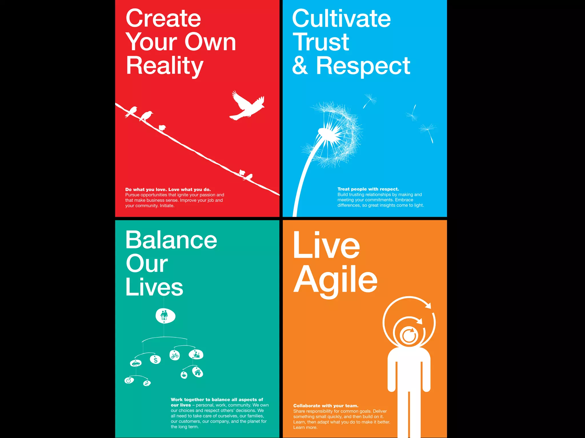 Create
Your Own
Reality
Do what you love. Love what you do.
Pursue opportunities that ignite your passion and
that make business sense. Improve your job and
your community. Initiate.
Treat people with respect.
Build trusting relationships by making and
meeting your commitments. Embrace
differences, so great insights come to light.
Cultivate
Trust
& Respect
Live
Agile
Collaborate with your team.
Share responsibility for common goals. Deliver
something small quickly, and then build on it.
Learn, then adapt what you do to make it better.
Learn more.
Balance
Our
Lives
Work together to balance all aspects of
our lives – personal, work, community. We own
our choices and respect others’ decisions. We
all need to take care of ourselves, our families,
our customers, our company, and the planet for
the long term.
 