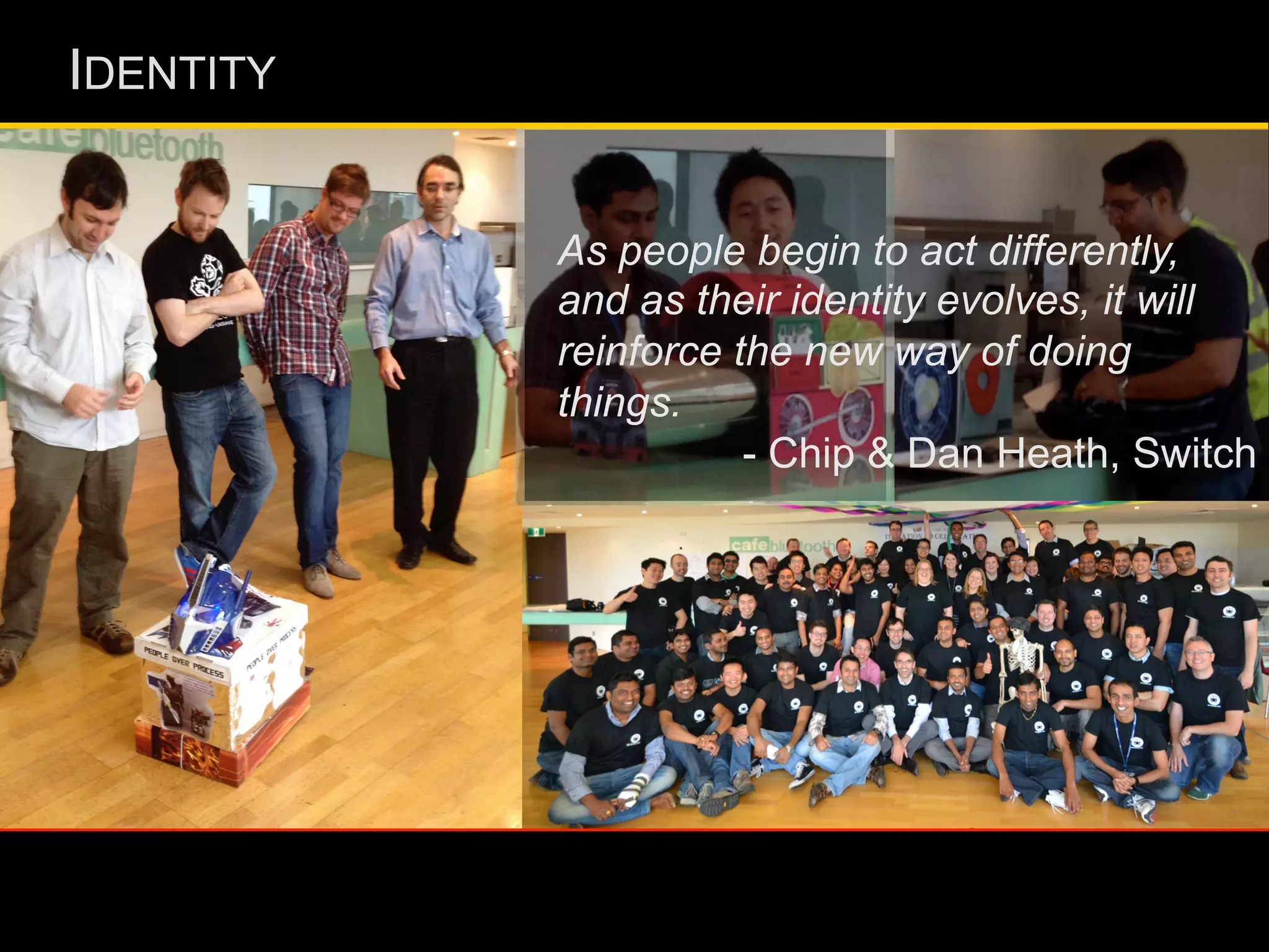 IDENTITY
As people begin to act differently,
and as their identity evolves, it will
reinforce the new way of doing
things.
- Chip & Dan Heath, Switch
 