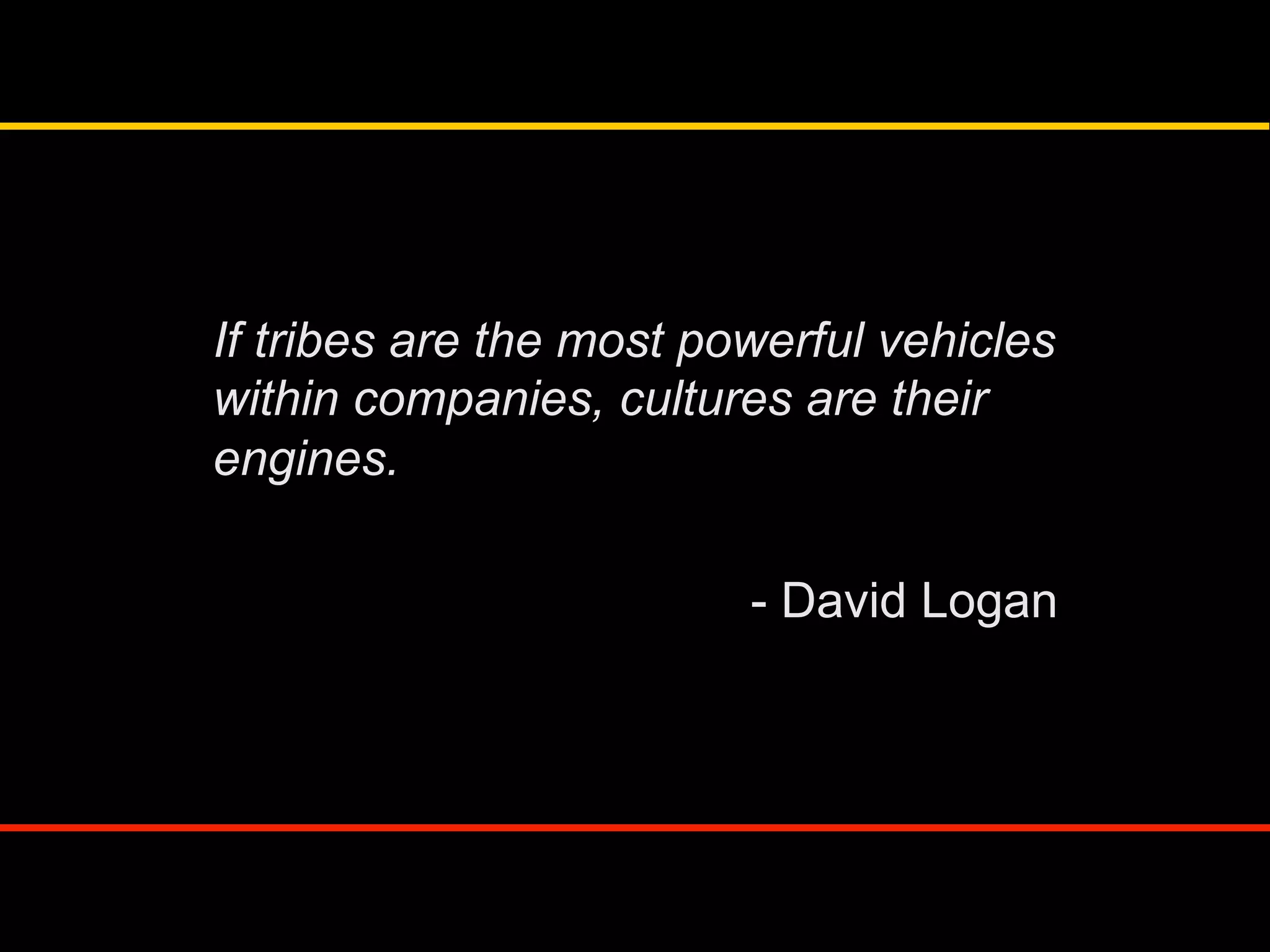If tribes are the most powerful vehicles
within companies, cultures are their
engines.
- David Logan
 