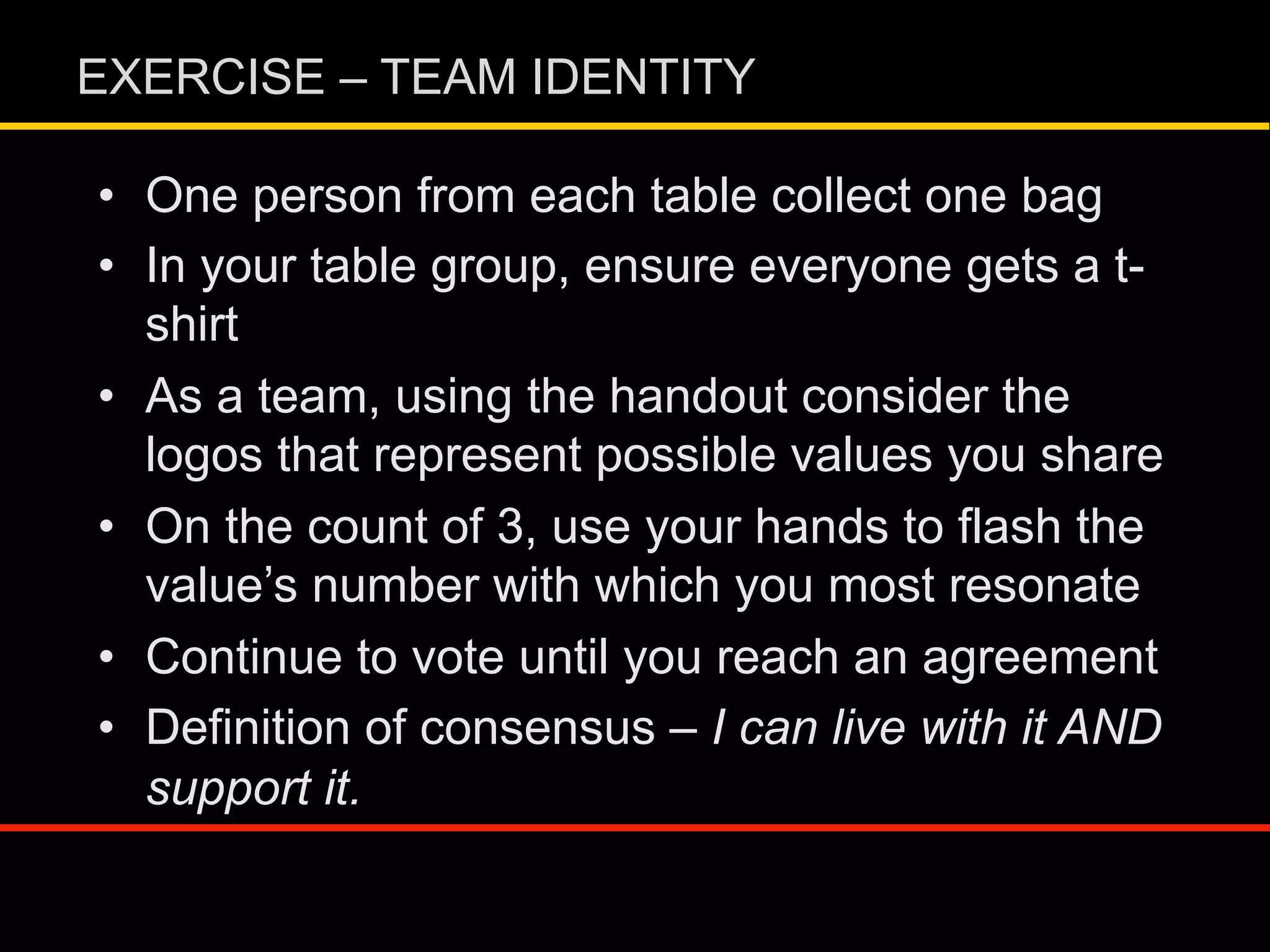 •  One person from each table collect one bag
•  In your table group, ensure everyone gets a t-
shirt
•  As a team, using the handout consider the
logos that represent possible values you share
•  On the count of 3, use your hands to flash the
value’s number with which you most resonate
•  Continue to vote until you reach an agreement
•  Definition of consensus – I can live with it AND
support it.
EXERCISE – TEAM IDENTITY
 