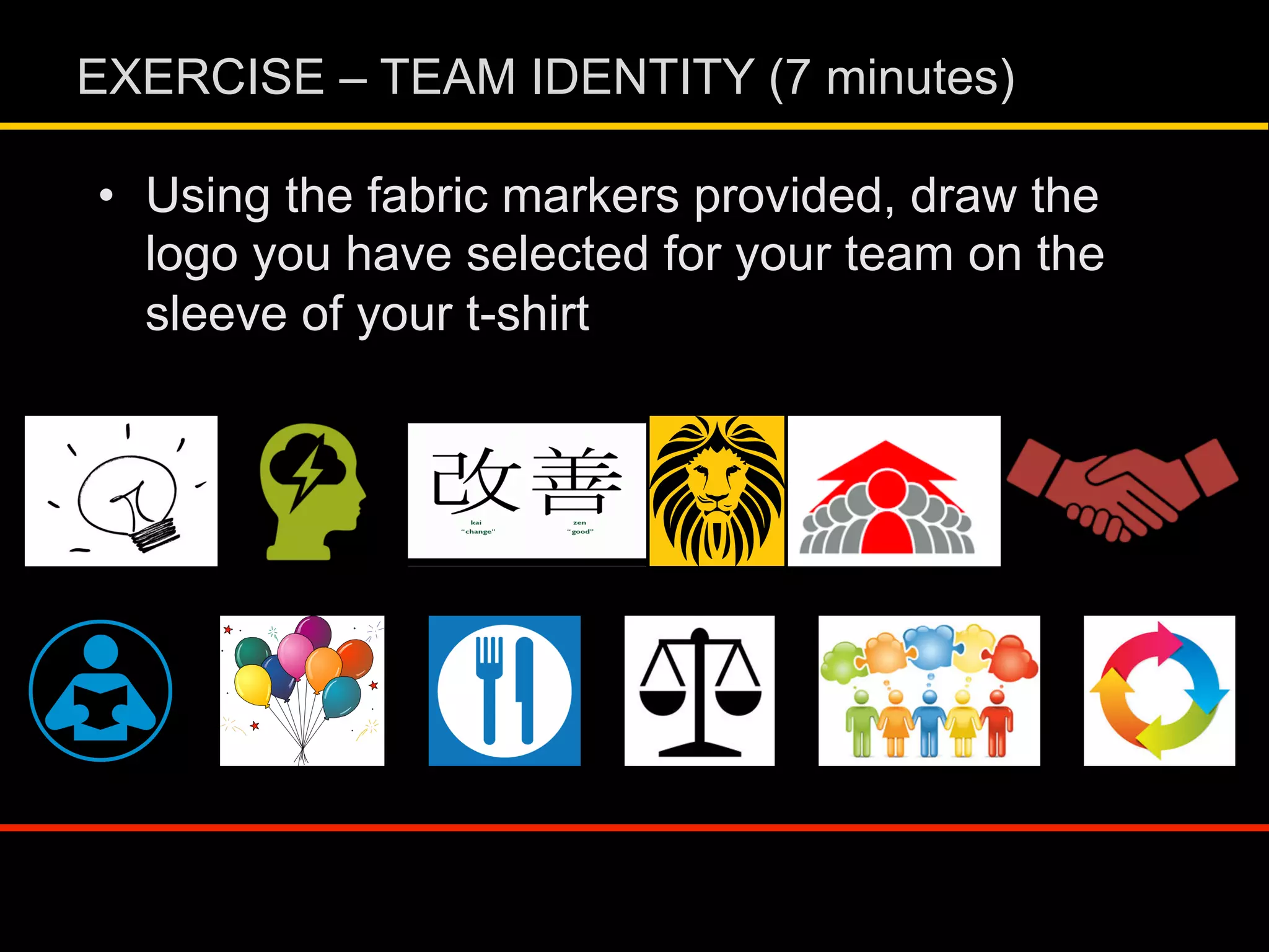 •  Using the fabric markers provided, draw the
logo you have selected for your team on the
sleeve of your t-shirt
EXERCISE – TEAM IDENTITY (7 minutes)
 