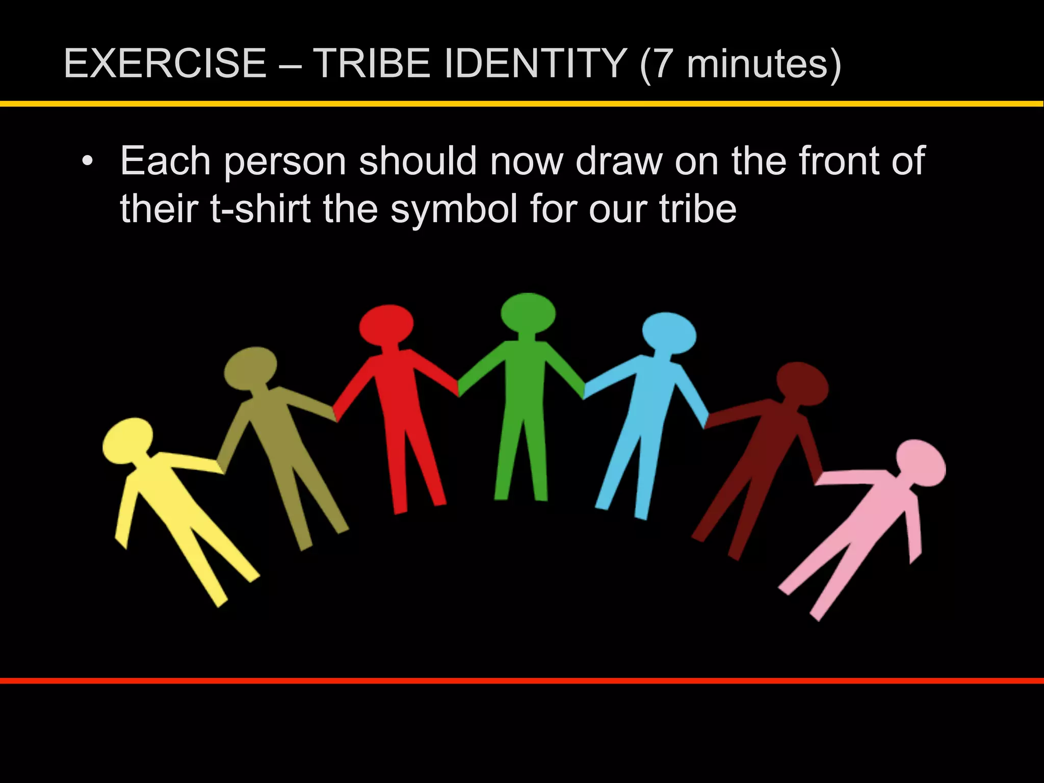 •  Each person should now draw on the front of
their t-shirt the symbol for our tribe
EXERCISE – TRIBE IDENTITY (7 minutes)
 