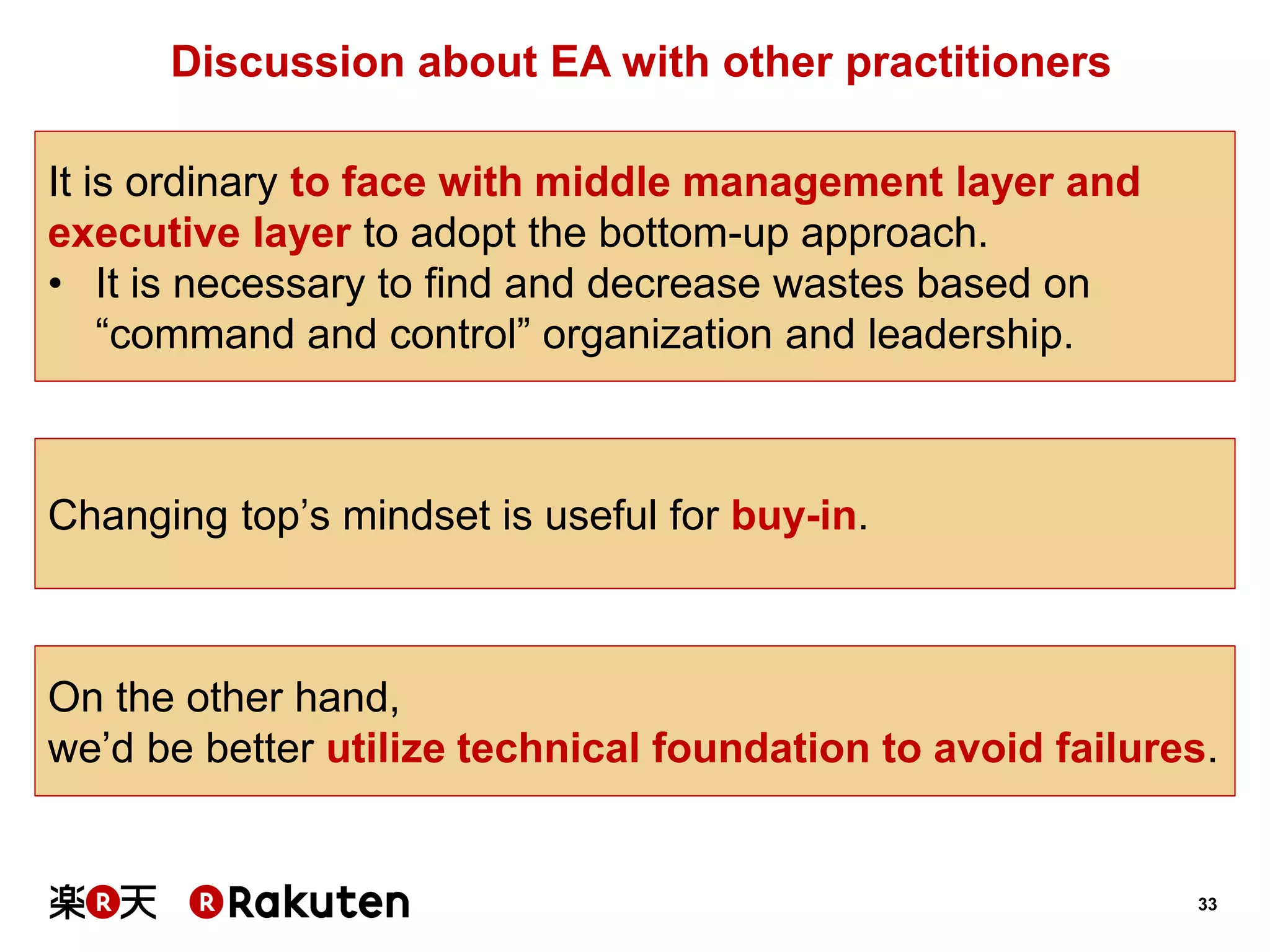 33 
Discussion about EA with other practitioners 
It is ordinary to face with middle management layer and executive layer to adopt the bottom-up approach. 
•It is necessary to find and decrease wastes based on “command and control” organization and leadership. 
On the other hand, 
we’d be better utilize technical foundation to avoid failures. 
Changing top’s mindset is useful for buy-in.  