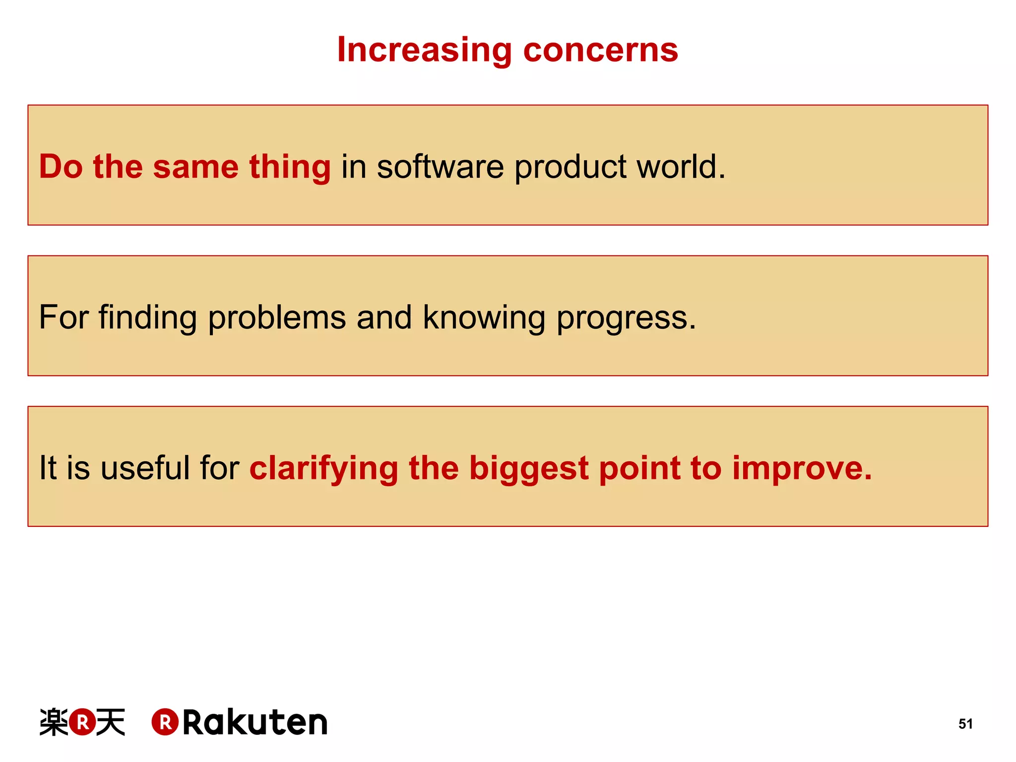 51 
Increasing concerns 
Do the same thing in software product world. 
It is useful for clarifying the biggest point to improve. 
For finding problems and knowing progress.  