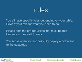 @leanintuit @mikeeedwards @dwhelan
rules
You all have speciﬁc roles depending on your table.
Review your role for what you need to do.
Please note the pre-requisites that must be met
before you can start to work.
You score when you successfully deploy a post-card
to the customer.
 