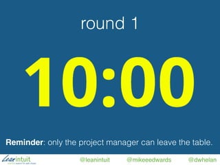 @leanintuit @mikeeedwards @dwhelan
round 1
Reminder: only the project manager can leave the table.
 