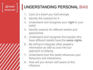 @natali
ewarnert
UNDERSTANDING PERSONAL BIAS
1. Look at a belief you hold strongly
2. Identify the reasons for it
3. Under...