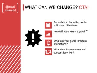 @natali
ewarnert
WHAT CAN WE CHANGE? CTA!
How will you measure growth?
What are your goals for future
interactions?
What d...