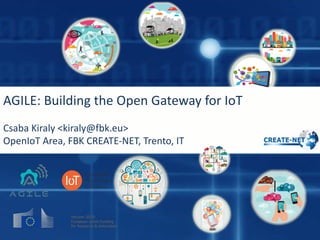 AGILE:	Building	the	Open	Gateway	for	IoT
Csaba	Kiraly	<kiraly@fbk.eu>
OpenIoT Area,	FBK	CREATE-NET,	Trento,	IT
 