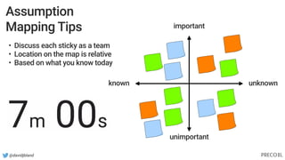 @davidjbland
Assumption
Mapping Tips
• Discuss each sticky as a team
• Location on the map is relative
• Based on what you know today
 
