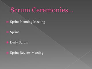 

Sprint Planning Meeting



Sprint



Daily Scrum



Sprint Review Meeting

 