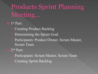 1st Part:
› Creating Product Backlog
› Determining the Sprint Goal.
› Participants: Product Owner, Scrum Master,
Scrum Team
 2nd Part:
› Participants: Scrum Master, Scrum Team
› Creating Sprint Backlog


 