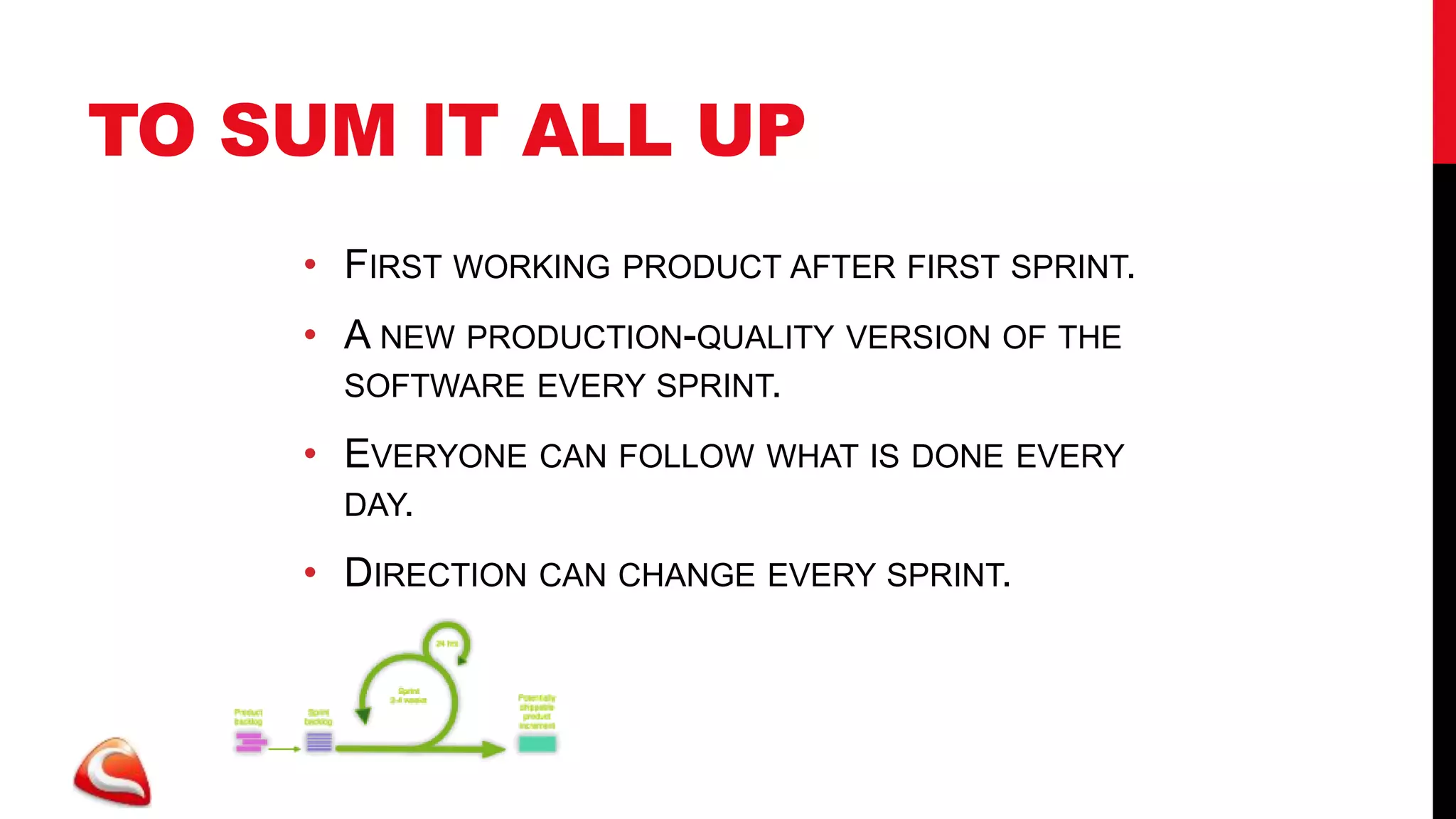 TO SUM IT ALL UP
    • FIRST WORKING PRODUCT AFTER FIRST SPRINT.
    • A NEW PRODUCTION-QUALITY VERSION OF THE
      SOFTWARE EVERY SPRINT.

    • EVERYONE CAN FOLLOW WHAT IS DONE EVERY
      DAY.

    • DIRECTION CAN CHANGE EVERY SPRINT.
 