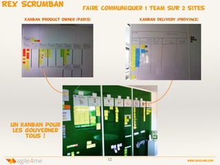 12 www.agile4me.com
4agile me
REX SCRUMBAN
Kanban Product Owner (Paris) Kanban Delivery (province)
faire communiquer 1 TEAM SUR 2 SITES
un kanban pour
les gouverner
tous !
 