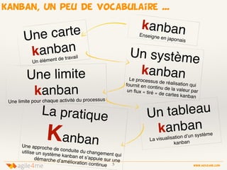 La pratique
KanbanUne approche de conduite du changement qui
utilise un système kanban et s’appuie sur unedémarche d’amélioration continue
kanban, Un peu de vocabulaire ...
Une carte
kanban
Un élément de travail Un système
kanbanLe processus de réalisation quifournit en continu de la valeur parun ﬂux « tiré » de cartes kanban
Une limite
kanban
Une limite pour chaque activité du processus
Un tableau
kanban
La visualisation d’un système
kanban
kanbanEnseigne en japonais
5 www.agile4me.com
4agile me
 