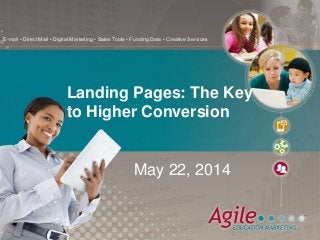 E-mail • Direct Mail • Digital Marketing • Sales Tools • Funding Data • Creative Services
May 22, 2014
Landing Pages: The Key
to Higher Conversion
 