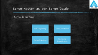 Scrum Master as per Scrum Guide
Service to the Team
Scrum Practices
Cross FunctionalSelf Organizing
Removing
Impediments
 